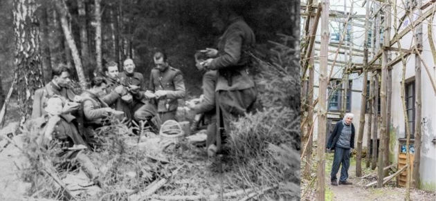 Rūtenis’s unit fighters eat lunch. Right - Albinas Kentra at the unfinished building of the society of Lithuanian Freedom Fighters – Forest Brothers building in Vilnius Old Town (Totorių g. 9/Labdarių g. 10). E. Levin photo