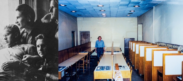 A. Kentra (top left), with Norbertas Vėlius (top right) and other friends at Vilnius University dormitory. Right - A. Kentra in the audiovisual laboratory at Vilnius University.